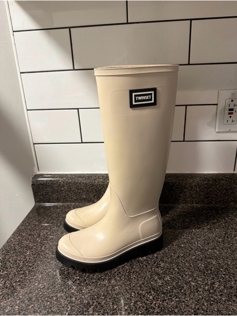 Twin-Set Cream Tall Women's Rain Boots with Black Sole